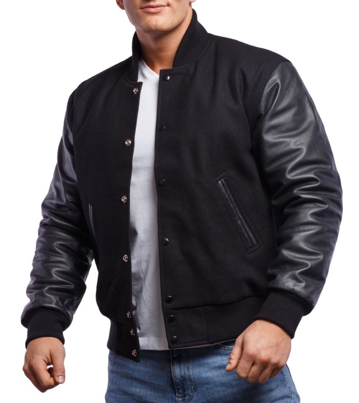 wool body leather sleeves letterman jacket