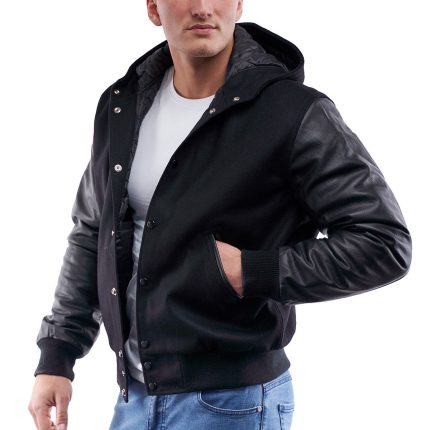 Black Wool Body Black Leather Sleeves Hoodie Letterman Jacket