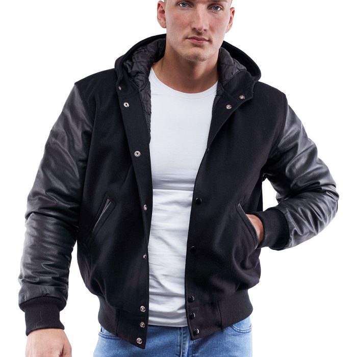 Black Wool Body Black Leather Sleeves Hoodie Letterman Jacket