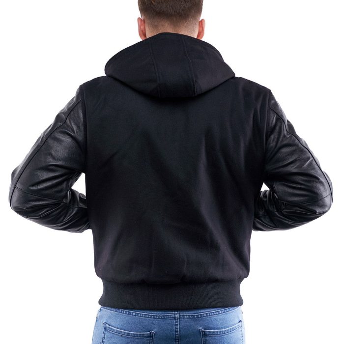 Black Wool Body Black Leather Sleeves Hoodie Letterman Jacket