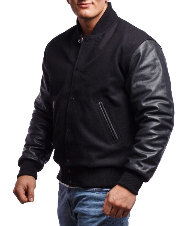 Varsity Base Men Jacket Black Wool Body Black Leather Sleeves