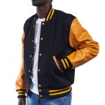 Black Wool Body Bright Gold Leather Sleeves Letterman Jacket