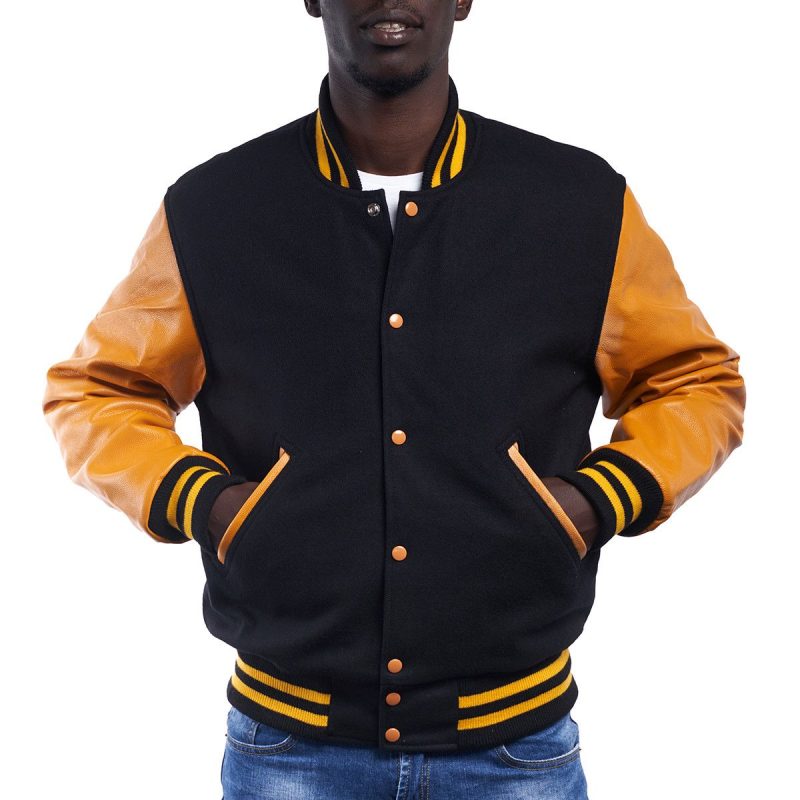 Black Wool Body Bright Gold Leather Sleeves Letterman Jacket
