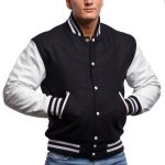 Black Wool Body White Leather Sleeves Letterman Jacket