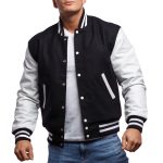 Black Wool Body White Leather Sleeves Letterman Jacket