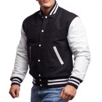 Black Wool Body White Leather Sleeves Letterman Jacket