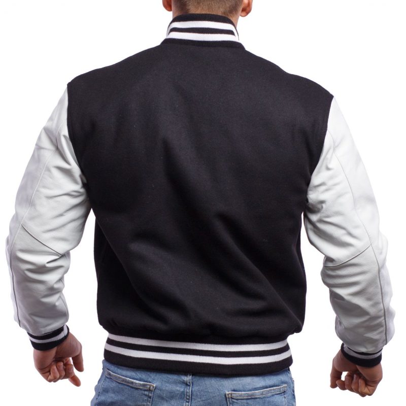 Black Wool Body White Leather Sleeves Letterman Jacket