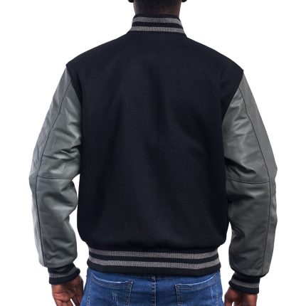 Black Wool Body Grey Leather Sleeves Letterman Jacket