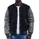 Black Wool Body Grey Leather Sleeves Letterman Jacket