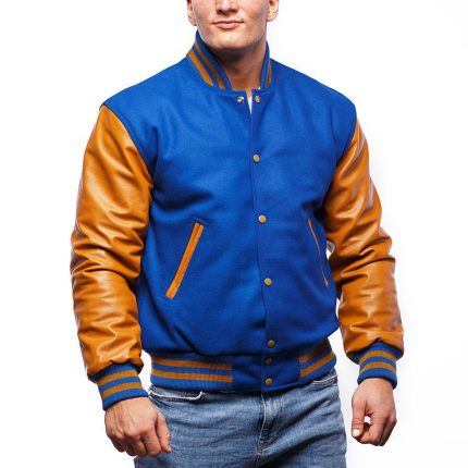 Bright Royal Wool Body Old Gold Leather Sleeves Letterman Jacket