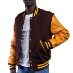 Brown Wool Body Bright Gold Leather Sleeves Letterman Jacket