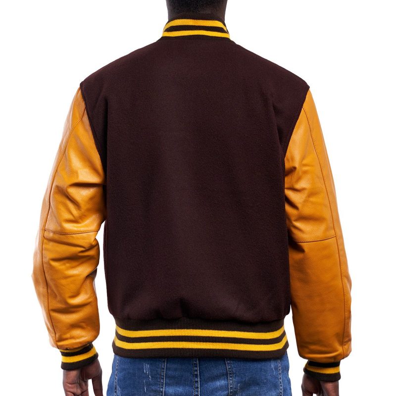 Brown Wool Body Bright Gold Leather Sleeves Letterman Jacket