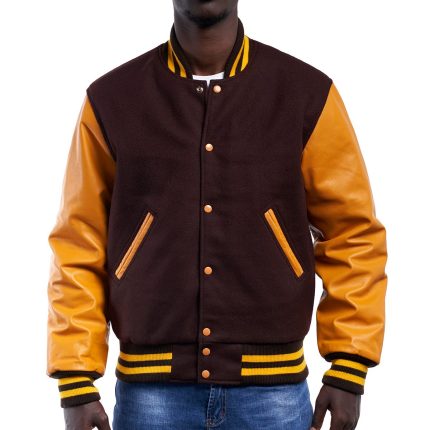 Brown Wool Body Bright Gold Leather Sleeves Letterman Jacket