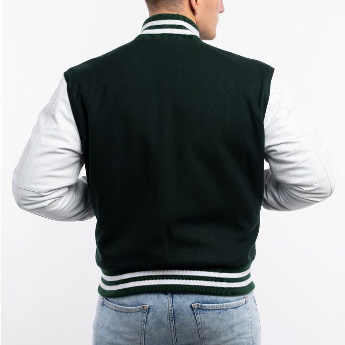 Green Wool Body White Leather Sleeves Letterman Jacket