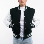 Men Varsity Jacket Green Wool Body White Leather Sleeves