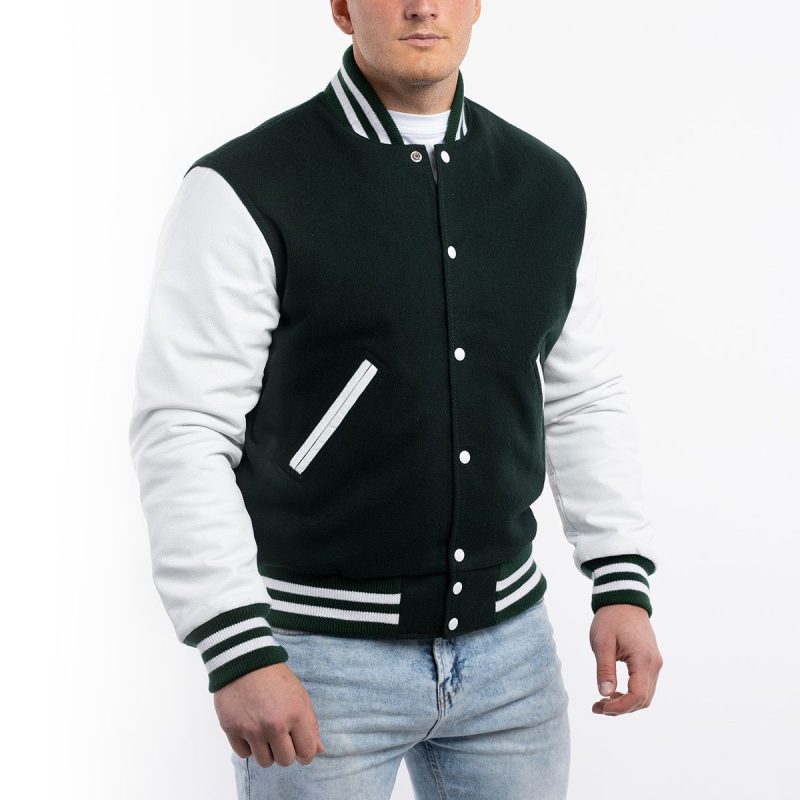 Men Varsity Jacket Green Wool Body White Leather Sleeves