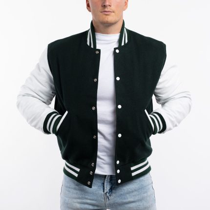 Green Wool Body White Leather Sleeves Letterman Jacket