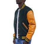 Green Wool Body Bright Gold Leather Sleeves Letterman Jacket