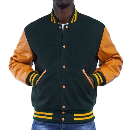 Green Wool Body Bright Gold Leather Sleeves Letterman Jacket