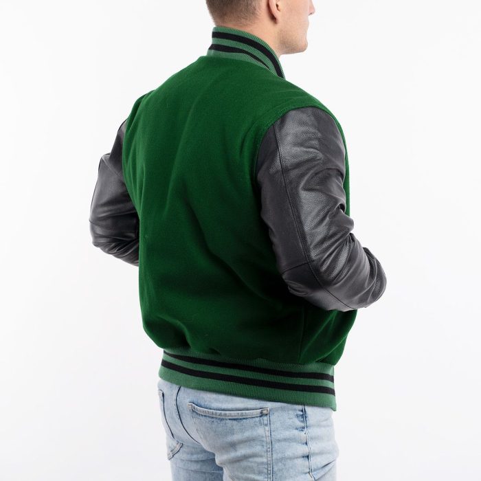 Green Wool Body Black Leather Sleeves Letterman Jacket