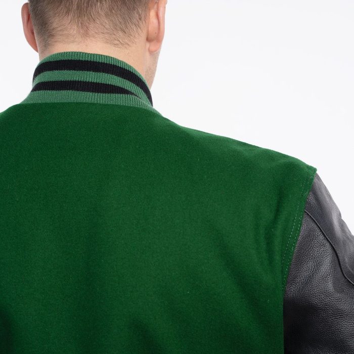 Green Wool Body Black Leather Sleeves Letterman Jacket