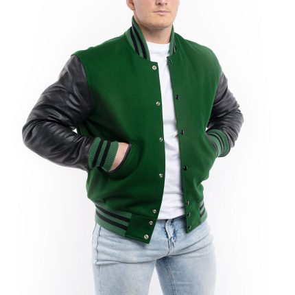 Green Wool Body Black Leather Sleeves Letterman Jacket