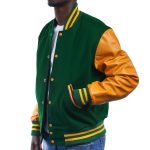 Green Wool Body Bright Gold Leather Sleeves Letterman Jacket