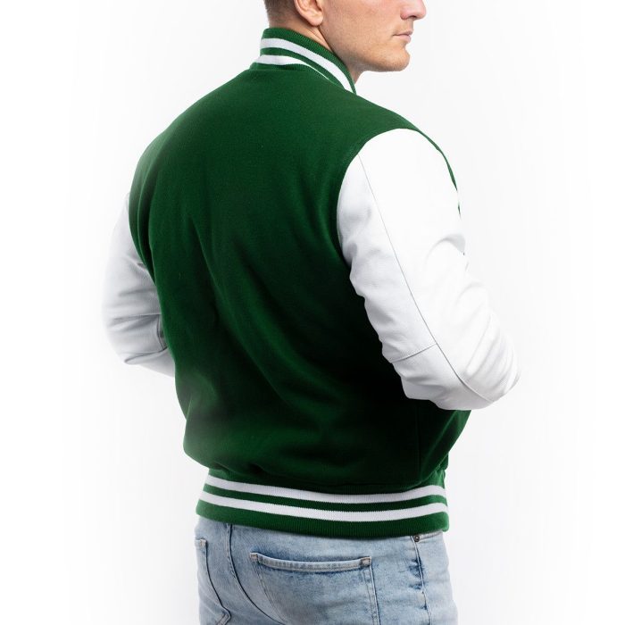 Green Wool Body White Leather Sleeves Letterman Jacket