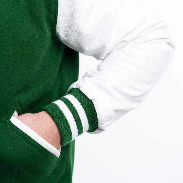 Green Wool Body White Leather Sleeves Letterman Jacket