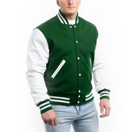 Green Wool Body White Leather Sleeves Letterman Jacket