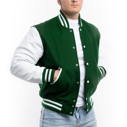 Green Wool Body White Leather Sleeves Letterman Jacket