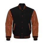 Brown Bomber Leather Sleeve Jacket