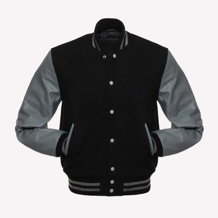 Black Wool Body & Grey Leather Sleeves Varsity Jacket