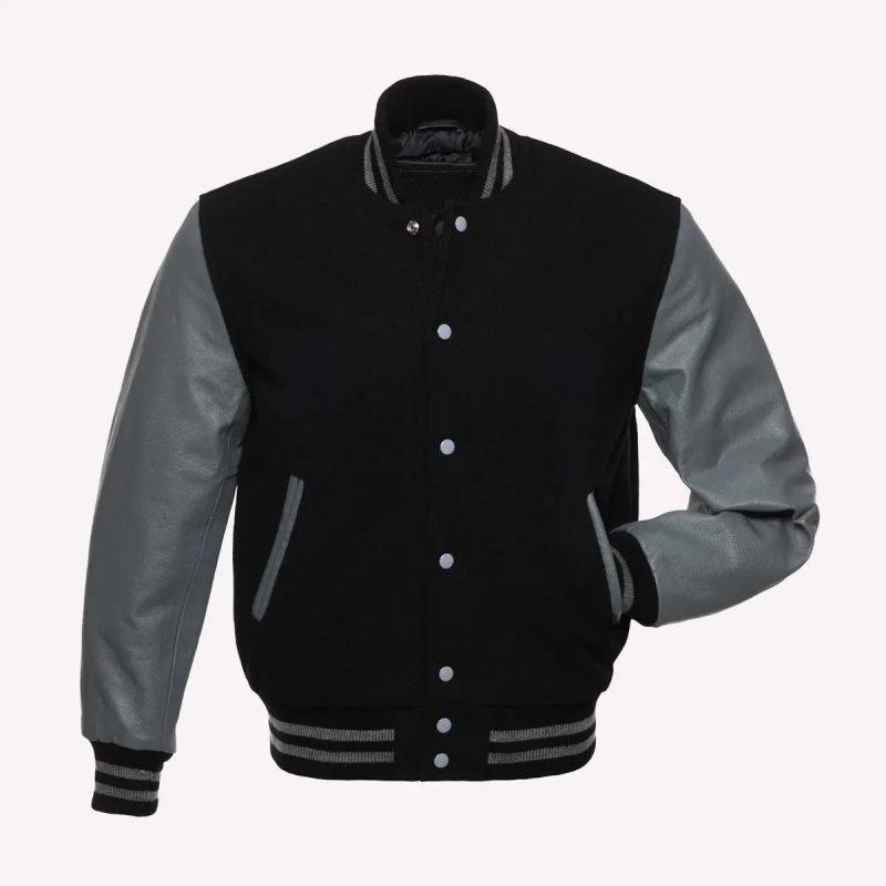 Black Wool Body & Grey Leather Sleeves Varsity Jacket