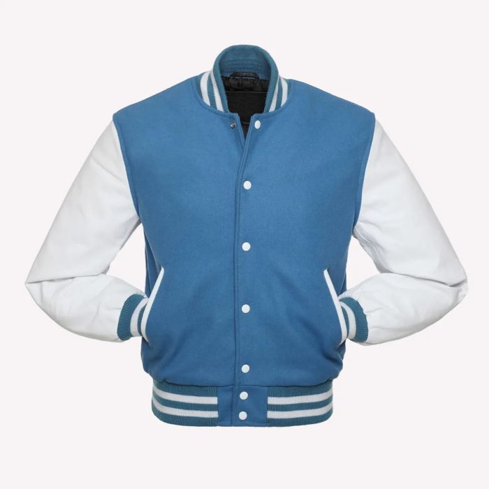 Light Blue Body & White Leather Sleeves Varsity Jacket