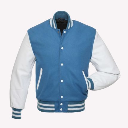 Light Blue Body & White Leather Sleeves Varsity Jacket