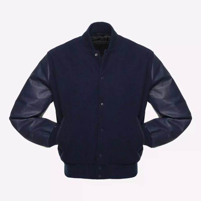 Navy Blue Body & Navy Leather Sleeves Varsity Jacket