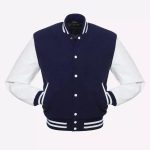 Navy Blue Body & White Leather Sleeves Varsity Jacket