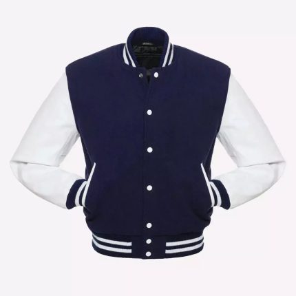 Navy Blue Body & White Leather Sleeves Varsity Jacket