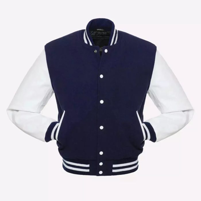 Navy Blue Body & White Leather Sleeves Varsity Jacket