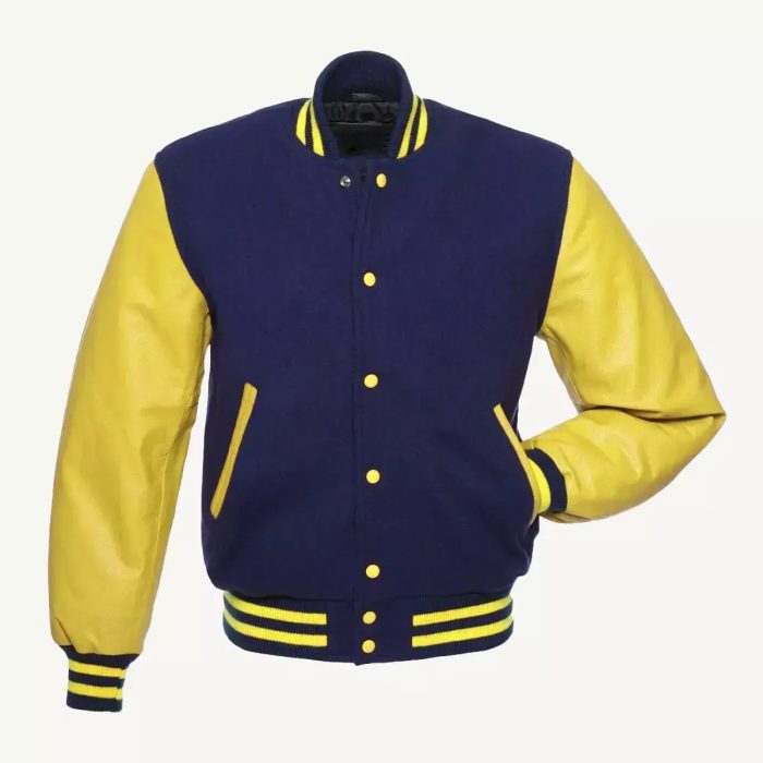 Navy Blue Body & Yellow Leather Sleeves Varsity Jacket